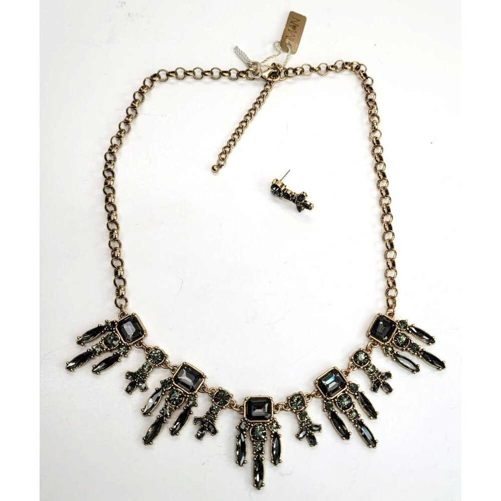 Green Crystal Necklace Gold Brass Tone Fashion Statement Indie Jewelry PD028